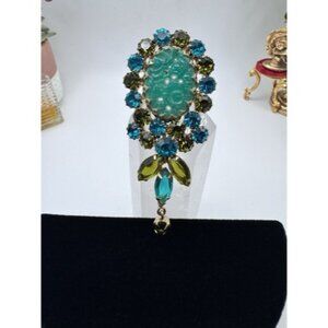 VTG Carved Green Jade Glass Rhinestone Green- Blue Gold Tone Long Dangle Brooch